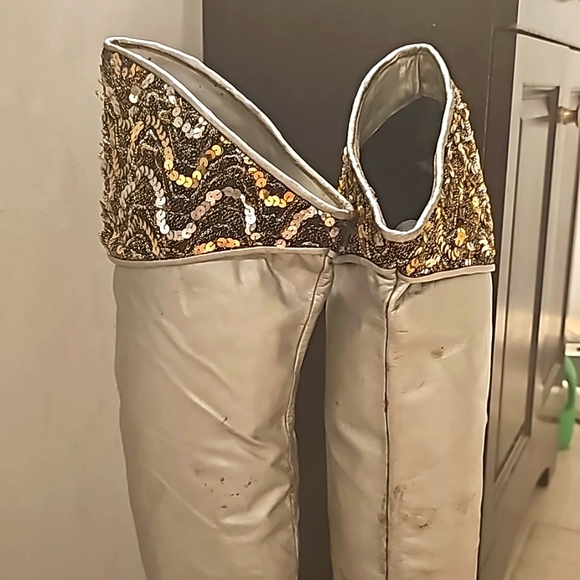 Vintage Over-The-Knee Genuine Leather Boots, Sz 8M Silver w/Top Black/Gold/Silve